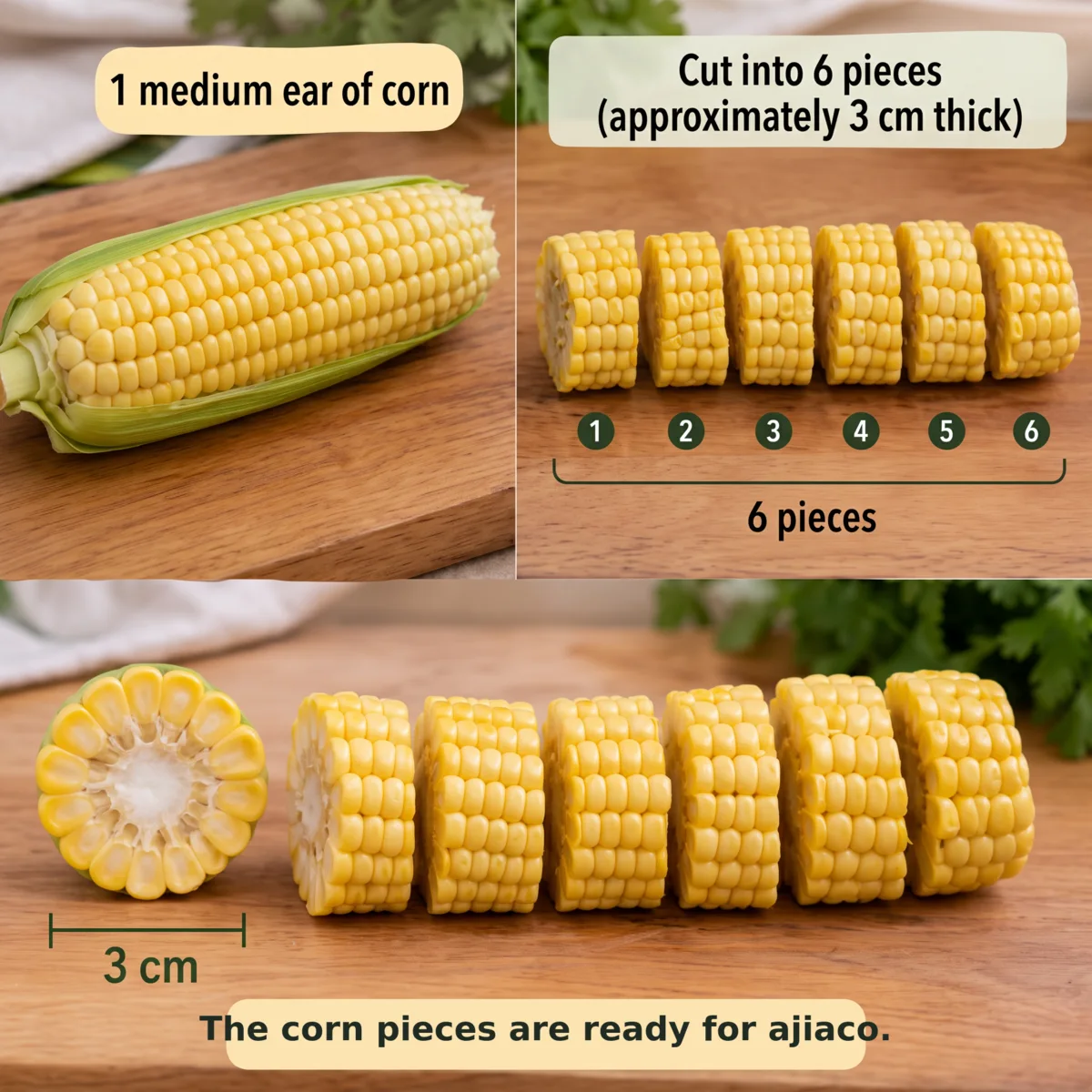 One medium ear of corn cut crosswise into six pieces about 3 cm thick, ready for ajiaco