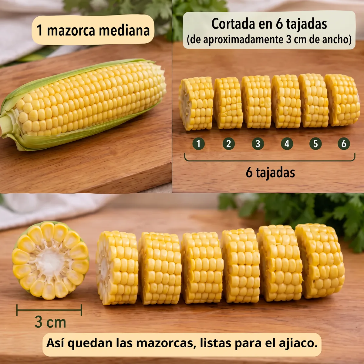 Una mazorca mediana cortada en seis tajadas de unos 3 cm de ancho, listas para el ajiaco