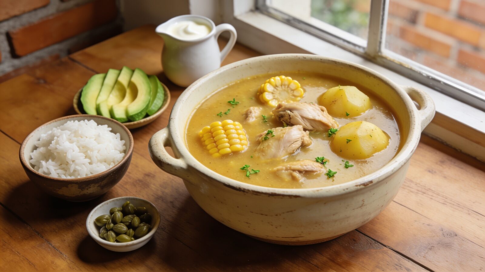 A bowl of Colombian ajiaco with chicken, corn and potatoes, served with rice, avocado, capers and cream